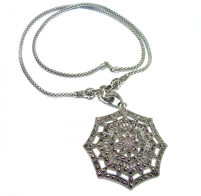 Bright Star - Large genuine Marcasite .925 Sterling Silver necklace 20 inches long - Sterling silver marcasite necklace, top view with intricate pendant.
