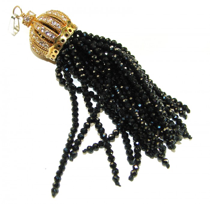 Artisan Design Spinel 14K Gold over .925 Sterling Silver pendant - Black spinel tassel pendant with gold detailing, side angle view.