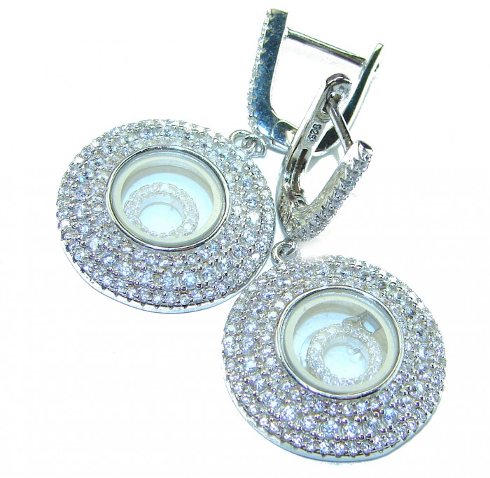 Floating Memories 11.5 carat White Topaz .925 Sterling Silver Handcrafted Statement earrings - Close-up of floating memories earrings with white topaz, clasp detail.