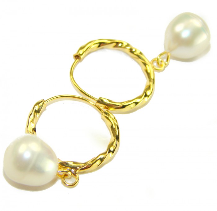 Genuine Pearl 14K Gold over .925 Sterling Silver handcrafted Statement Earrings - Close-up of pearl drop earrings with twisted gold hoops.