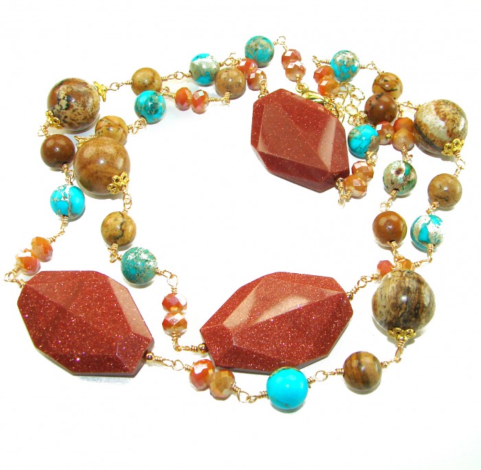 83.3 grams Rare and Unusual Red Sitara Turquoise Beads .925 Sterling silver dipped in 10K Gold NECKLACE - Red Sitara and turquoise beads necklace, top view.