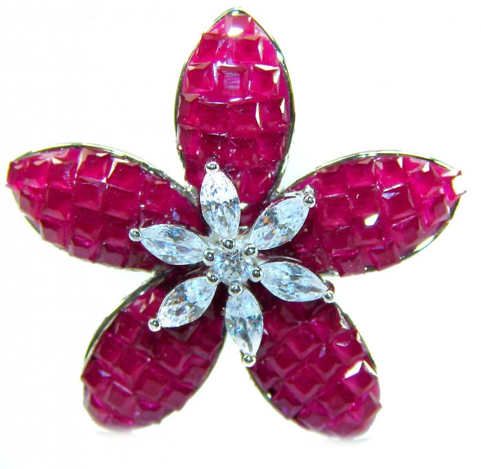 Born to Glam authentic 10.2 carat Ruby .925 Silver handcrafted Eternity Ring s. 6 1/4 - Ruby flower brooch close-up, 10.2 carat, .925 silver handcrafted design.
