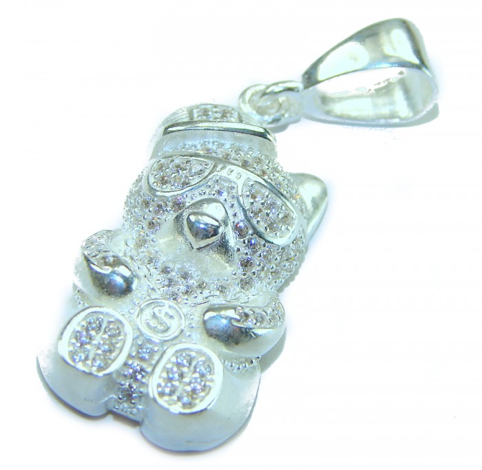 Cute Teddy Bear Natural White Topaz .925 Sterling Silver handmade Pendant - Teddy bear pendant front view with white topaz, sterling silver.