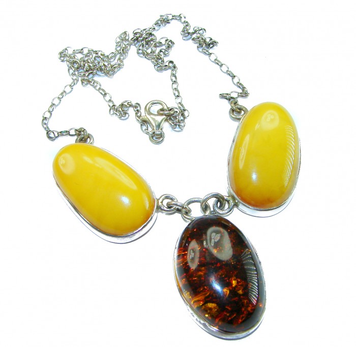 Wonderful 2 Colors Elegant Genuine Baltic Amber .925 Silver handcrafted Necklace - Front view of Baltic amber necklace with silver chain and clasp.