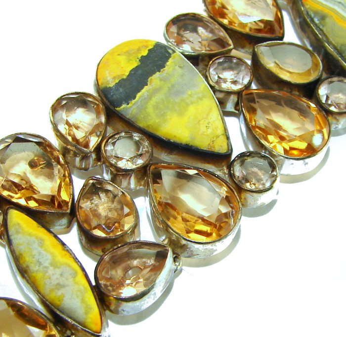 Rare! Genuine Volcanic Bumble Bee Jasper .925 Sterling Silver handcrafted Statement Bracelet - Volcanic Bumble Bee Jasper close-up with Sterling Silver setting.