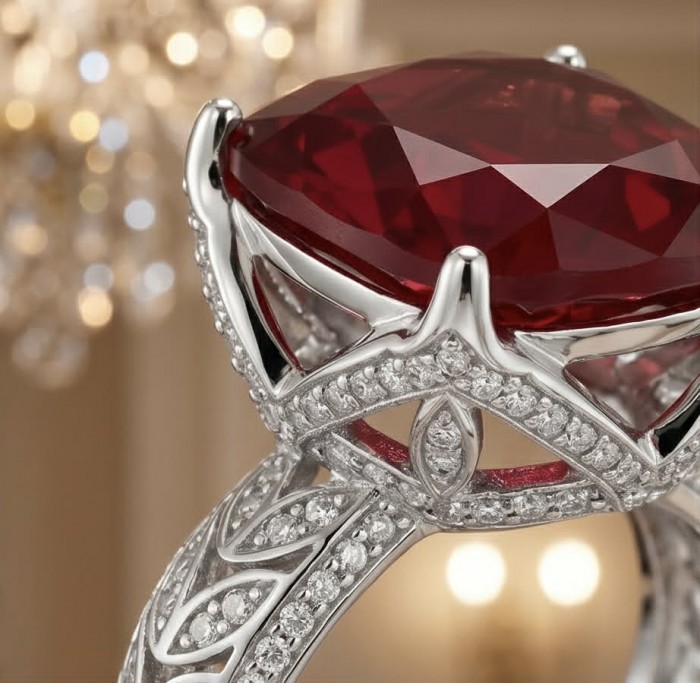 Red Power Authentic 10.4 carat Garnet .925 Sterling Silver brilliantly handcrafted Large Statement Ring size 7 adjustable - Close-up of 10.4 carat garnet ring with sterling silver and diamond accents.