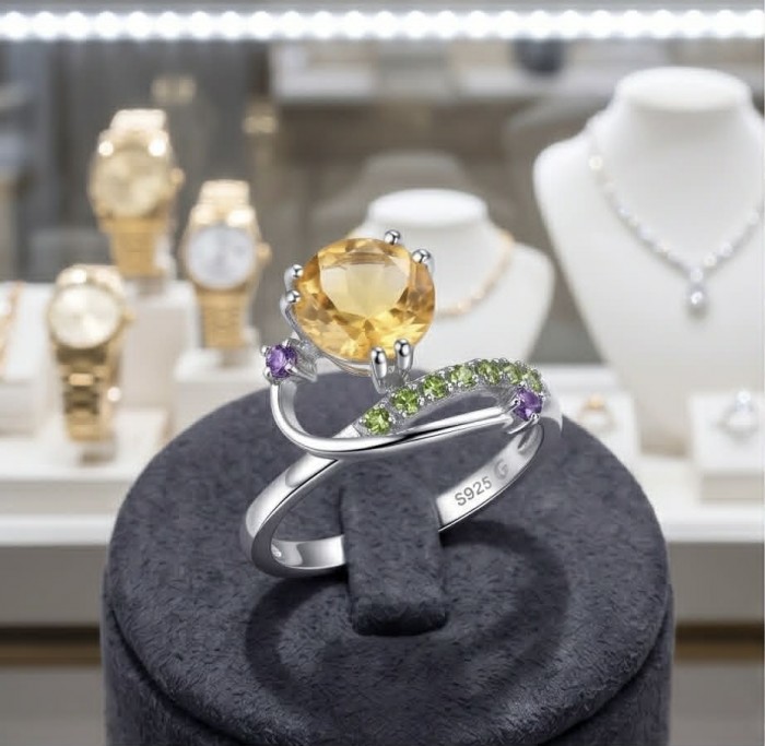 Golden Treasure 4.5 carat Citrine .925 Sterling Silver Handcrafted Ring size 8 - Close-up of citrine ring on display; .925 sterling silver with accents.