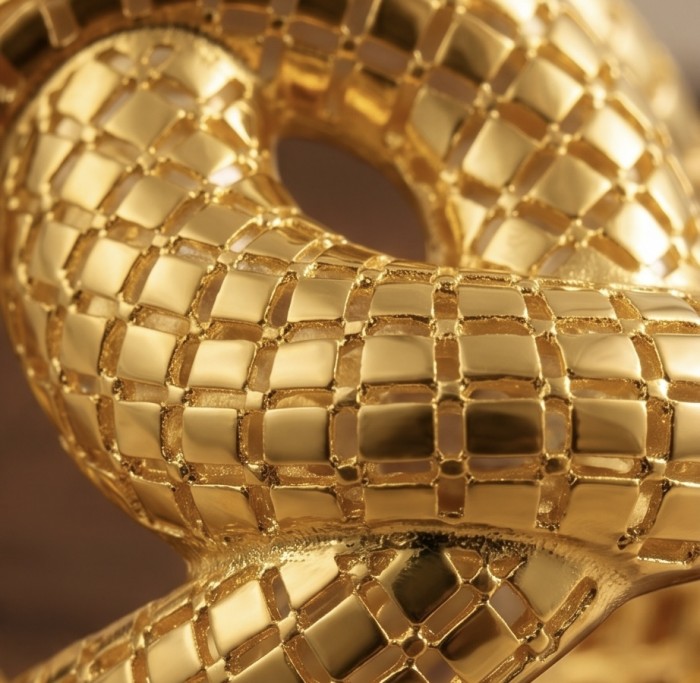 Dubai Style - Golden knot - .925 Sterling Silver dipped in 22K Gold handmade Large ring size 8 - Golden knot jewelry detail, .925 Sterling Silver, textured close-up.