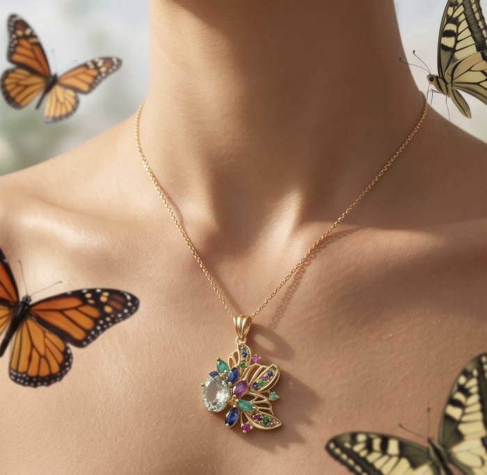 Mademoiselle - 10.2 carat Green Amethyst 18K Gold over .925 Sterling Silver handcrafted Pendant - Necklace with colorful pendant worn on neck, surrounded by butterflies.