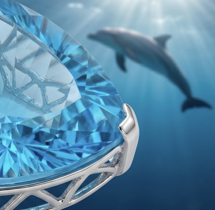 Trillion cut 28.5 carat Vintage style Swiss Blue Topaz .925 Sterling Silver DIPPED IN RHODIUM handmade Pendant - Stone close-up of trillion cut Swiss Blue Topaz in silver setting