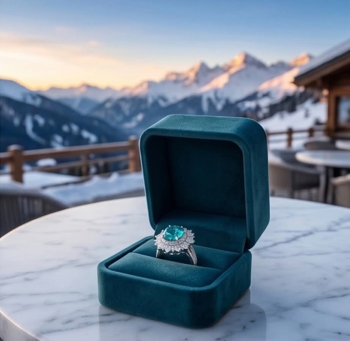 Wonderland 7.5 carat Brazilian Paraiba Tourmaline .925 Sterling Silver Handcrafted Ring size 5 - Tourmaline ring in box with mountain sunset in background.