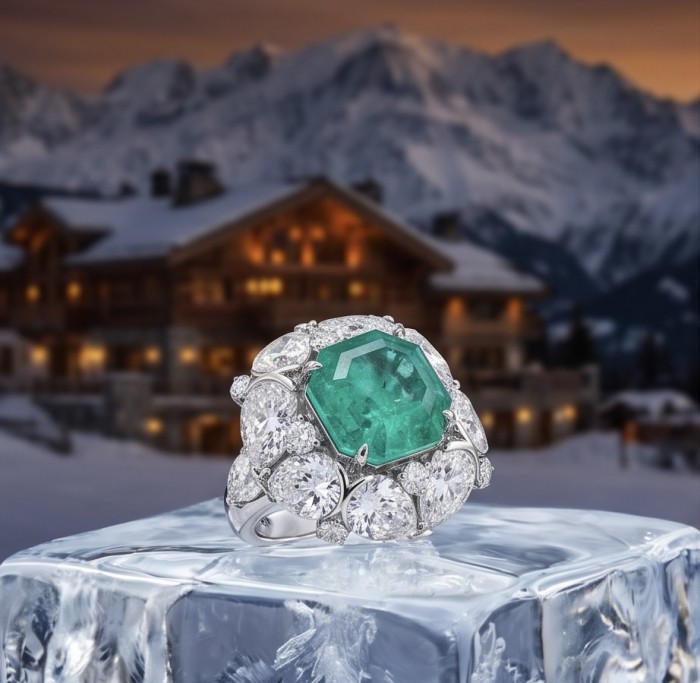 Elizabeth princess cut 14.8 carat Colombian Emerald 12.3 carat Moissanite .925 Sterling Silver dipped in Rhodium handcrafted Ring size 6 - Close-up of Elizabeth ring with emerald and diamonds on ice block.