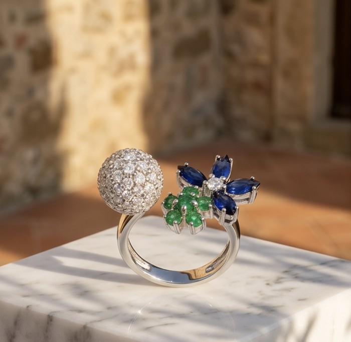 Floral design 7.8 carat natural Colombian Emerald 2.3 carat Moissanite .925 Sterling Silver handmade Statement Ring size 6 3/4 - Floral ring with emeralds and blue stones, side view on marble surface.