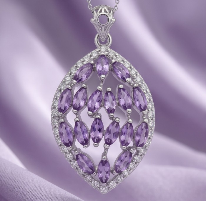 Authentic 15.5 carat Brazilian Amethyst rhodium over .925 Sterling Silver handcrafted Statement Pendant - Close-up of amethyst pendant with intricate silver setting.