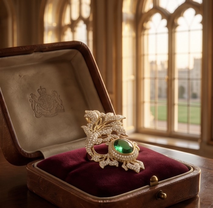 Ultimate Treasure - floral design- 7.2 CARAT Emerald .925 Sterling Silver dipped in 22K Gold handcrafted Pendant Brooch - Ornate brooch with emerald in open case, displayed against window.