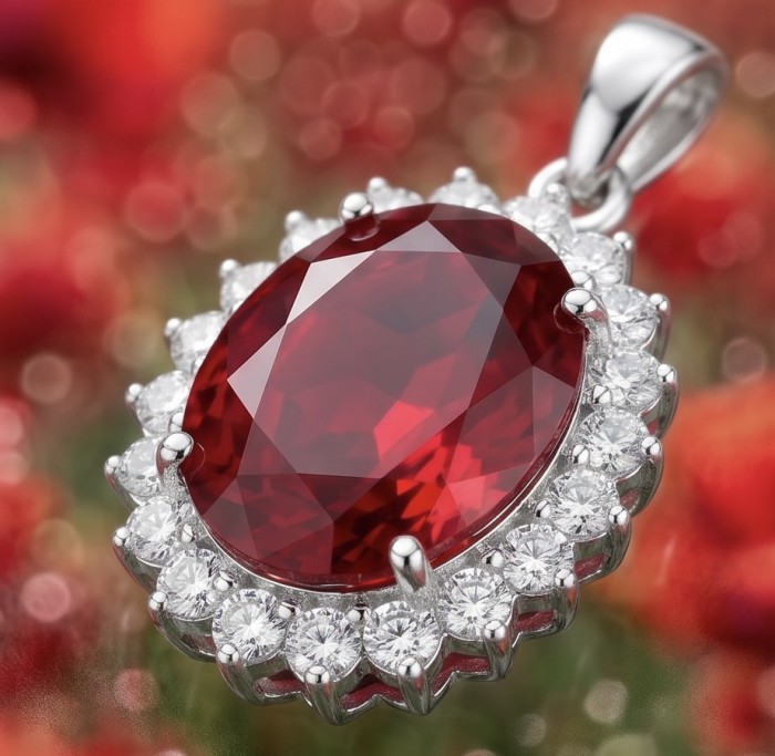 Authentic 17.5 CARAT Kasmir Ruby .925 Sterling Silver handcrafted Pendant - Close-up of 17.5 carat ruby pendant with diamond accents in silver setting.