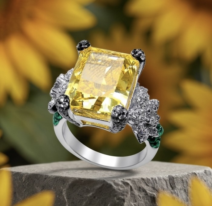Jolie - Luxurious baguette cut 22.7 carat Yellow Sapphire rhodium over .925 Sterling Silver handcrafted Ring s. 6 1/4 - Close-up of Luxury Yellow Sapphire Ring on stone background.