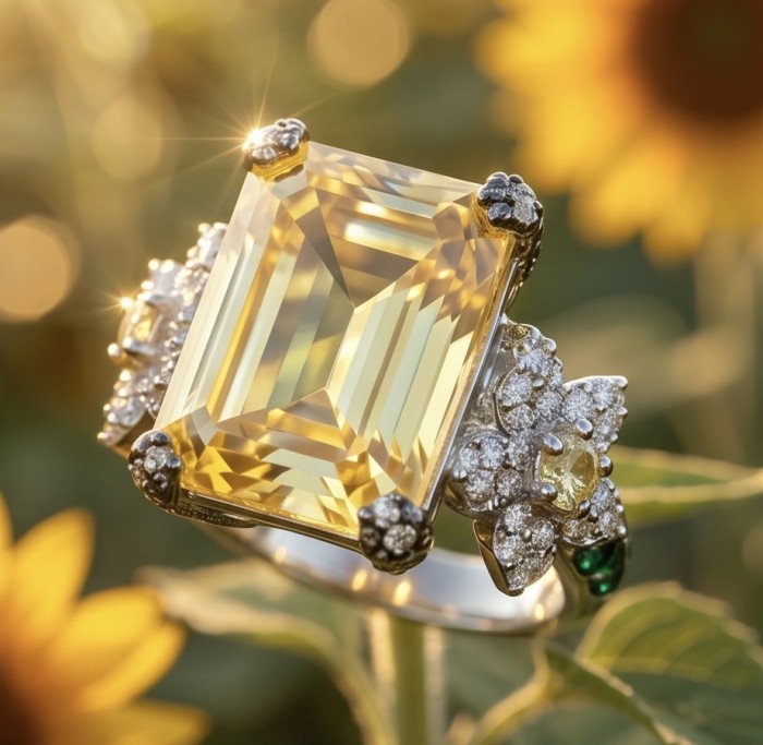 Jolie - Luxurious baguette cut 22.7 carat Yellow Sapphire rhodium over .925 Sterling Silver handcrafted Ring s. 6 1/4 - Close-up of Jolie 22.7 carat Yellow Sapphire ring with floral accents.