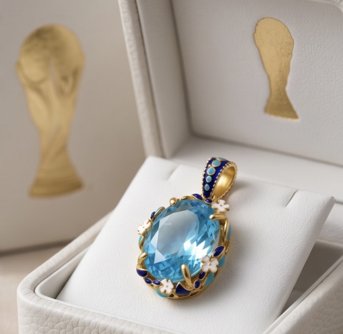 Atlantica - amazing quality heart cut 22.5 CARAT genuine Swiss Blue Topaz enamel 22K Gold over .925 Sterling Silver handmade pendant - Close-up of Atlantica pendant with blue gemstone in a jewelry box.