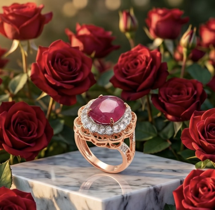 Blooming Rose Natural 18.8 carat Mozambique Ruby 22 Rose Gold .925 Sterling Silver handmade Statement Ring size 5 1/4 - Ruby ring on marble with roses, showcasing stone close-up and details.