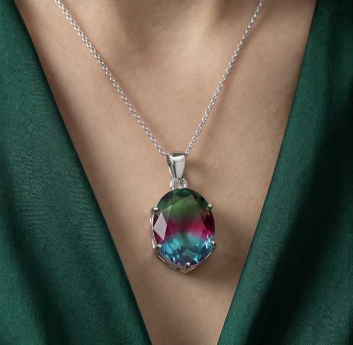 5.2 carat oval cut Brazilian Tourmaline .925 Sterling Silver Perfectly handcrafted pendant - Tourmaline pendant on neckline, front view, sterling silver chain.
