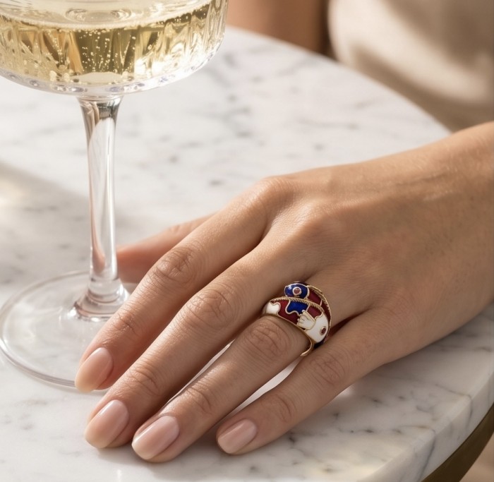 Luxurious Two Fishes Natural Ruby Enamel 18K Gold over .925 Sterling Silver Huge handcrafted Ring s. 7 - Ring worn on hand, near glass; 18K gold with enamel and ruby detail.