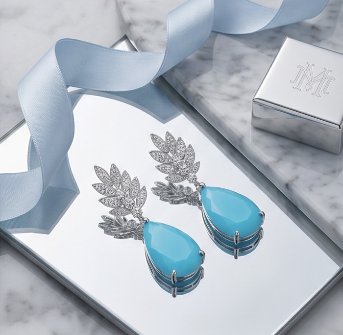 Divine Beauty 18.5 carat Aquamarine .925 Sterling Silver Handcrafted .925 Sterling Silver handcrafted EARRINGS - Aquamarine earrings on mirrored surface with silk ribbon and box
