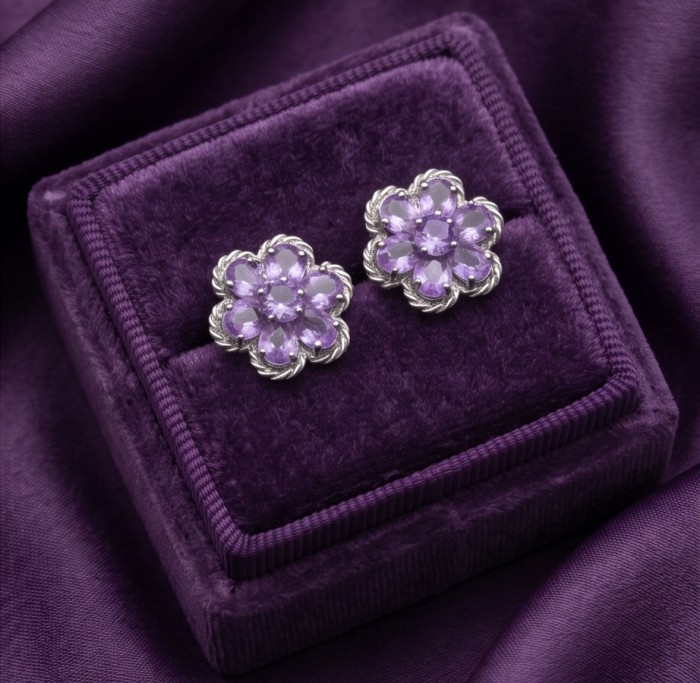 Lavender Beauty authentic 9.2 carat Amethyst .925 Sterling Silver dipped in rhodium handcrafted earrings - Amethyst earrings in velvet box, top view