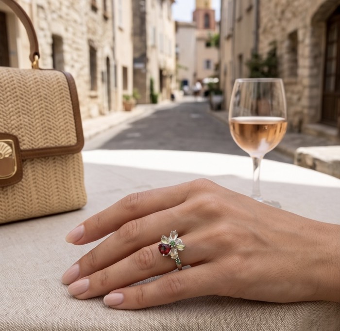 Flower 9.5 carat Multigem .925 Sterling Silver Handcrafted Ring size 7 - Flower multigem ring worn on hand with a glass of rosé wine nearby.