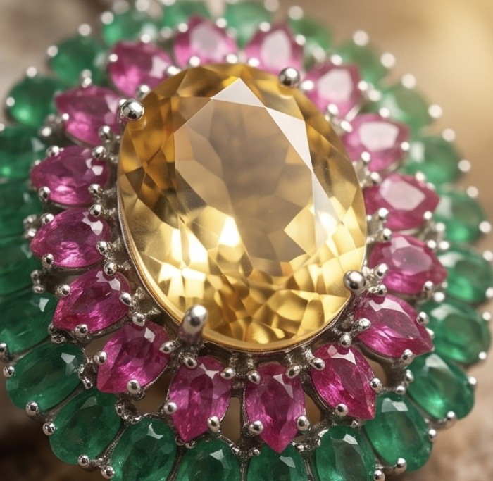 Fine Art - Exotica 44.5 carat Brazilian Citrine .925 Sterling Silver dipped in Rhodium handmade Pendant - Close-up of Exotica 44.5 ct Brazilian Citrine with rubies and emeralds