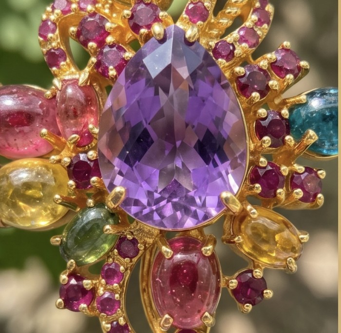 Divine Protection 25.8 carat Precious Amethyst .925 Sterling Silver dipped in 18K Gold handcarfted Pendant - Close-up of colorful gemstone and amethyst jewelry piece.