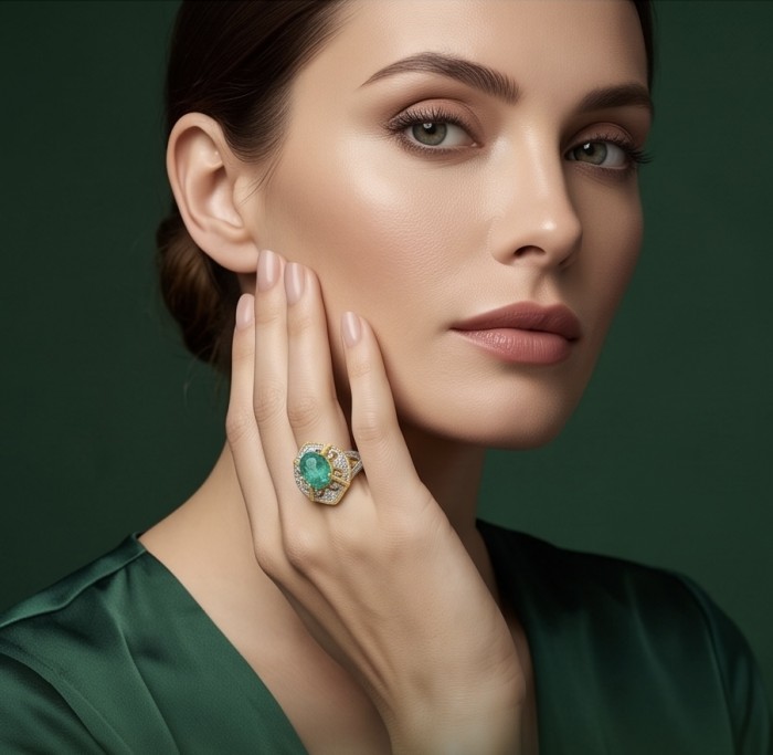 Victorian Style Beauty - Authentic 7.4 carat COLOMBIAN EMERALD .925 Sterling Silver dipped in 18K Gold handcrafted Statement Ring size 7 - Woman wearing Victorian style ring with Colombian emerald, hand close-up.