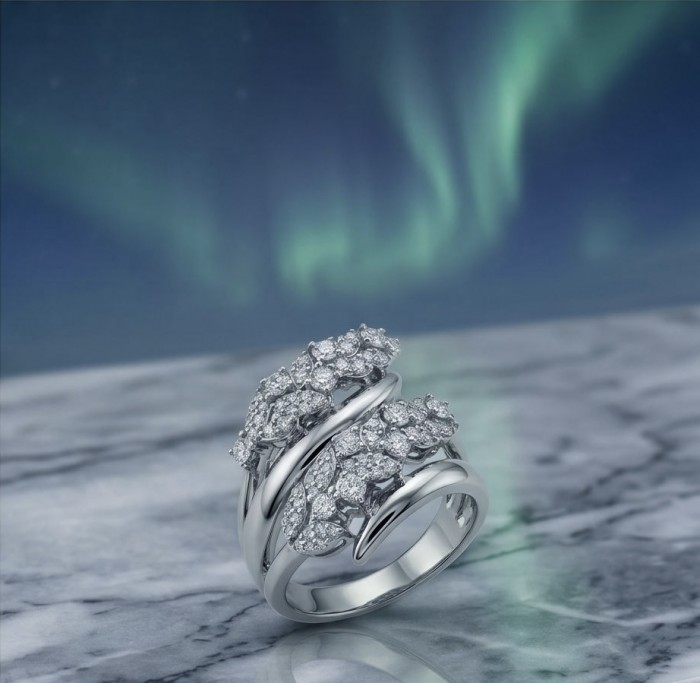 Luxurious - 7.2 carat White Topaz Sterling Silver handcrafted ring size 7 - Topaz silver ring with diamond accents, aurora borealis backdrop, side view.