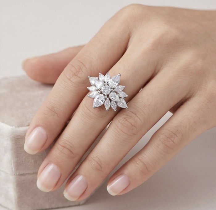 Polar Star - 14.7 carat White Topaz .925 Sterling Silver handcrafted Soild ring size 8 - Polar Star ring on hand, white topaz, sterling silver, front view