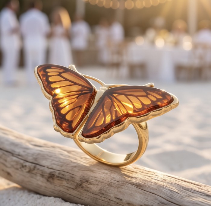 Butterfly Authentic Baltic Amber .925 Sterling Silver dipped in 18K Gold handcrafted ring; s. 7 adjustable - Butterfly Baltic Amber ring side view on beach setting.