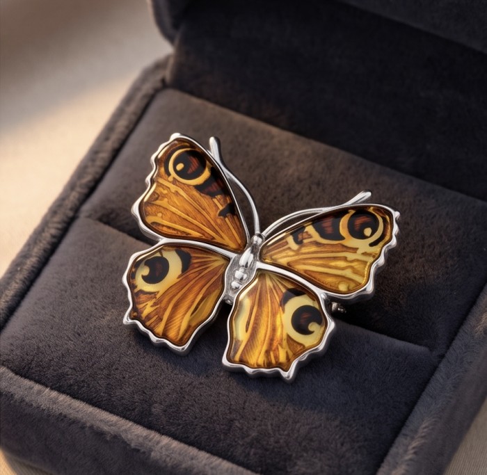 Golden Butterfly Authentic carved Baltic Amber 18K Gold over .925 Sterling Silver handcrafted pendant - Butterfly brooch in Baltic amber and gold on black velvet box