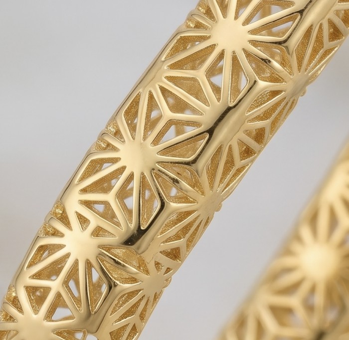 Black Label Collection - Dubai Style - Natural 22K Gold over .925 Sterling Silver handmade earrings - Close-up of Dubai Style jewelry, intricate 22K gold geometric design.