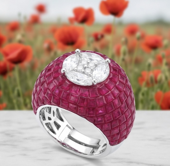 Scarlett 10.7 ctw Mozambique Ruby .925 Sterling Silver dipped in 18K WHITE Gold handcrafted Statement Ring size 8 - Close-up of Scarlett Mozambique Ruby ring on marble surface with flowers.