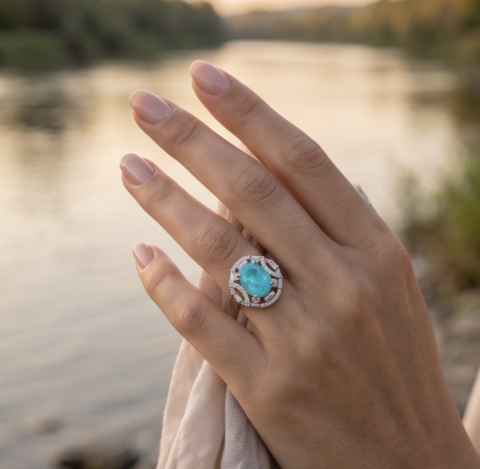 Elizabeth oval cut 11.8 carat Colombian Emerald .925 Sterling Silver dipped in Rhodium handcrafted Ring size 8 - Hand wearing a Colombian emerald ring by a river.