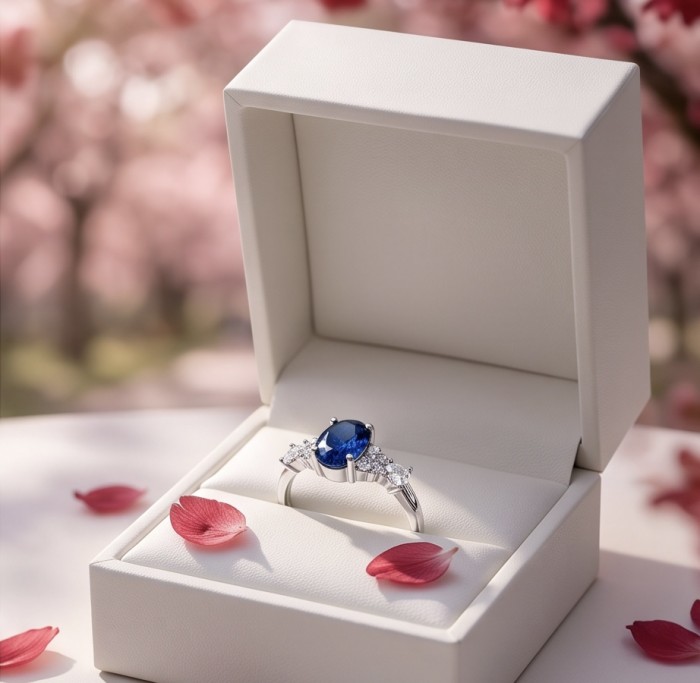 Stella emerald cut 1.5 carat Sapphire .925 Sterling Silver handmade Statement ring size 8 - Sapphire ring front view in open box with pink petals.