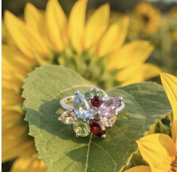 Flower 5.8 carat Multigem rhodium over .925 Sterling Silver Handcrafted Ring size 7 - Multigem flower ring close-up on sunflower leaf, rhodium over sterling silver