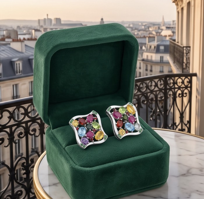 Giovanna - Authentic 10.5 carat Multigem rhodium over .925 Sterling Silver handcrafted earrings - Colorful earrings in green box on balcony with city view