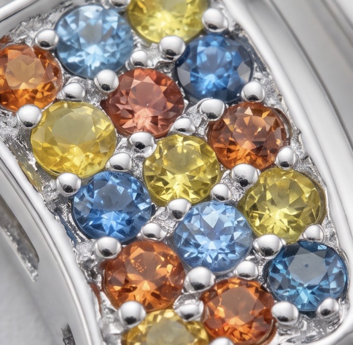 Modern Concept authentic 4.8 carat multicolor Sapphire .925 Sterling Silver handmade Pendant - Close-up of multicolor sapphire stones in silver setting.