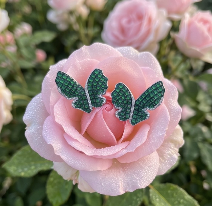Incredible Butterflies genuine mystery setting 15.5 CARAT Emerald .925 Sterling Silver handcrafted Earrings - Butterfly earrings on pink rose, front view, detailed stone setting