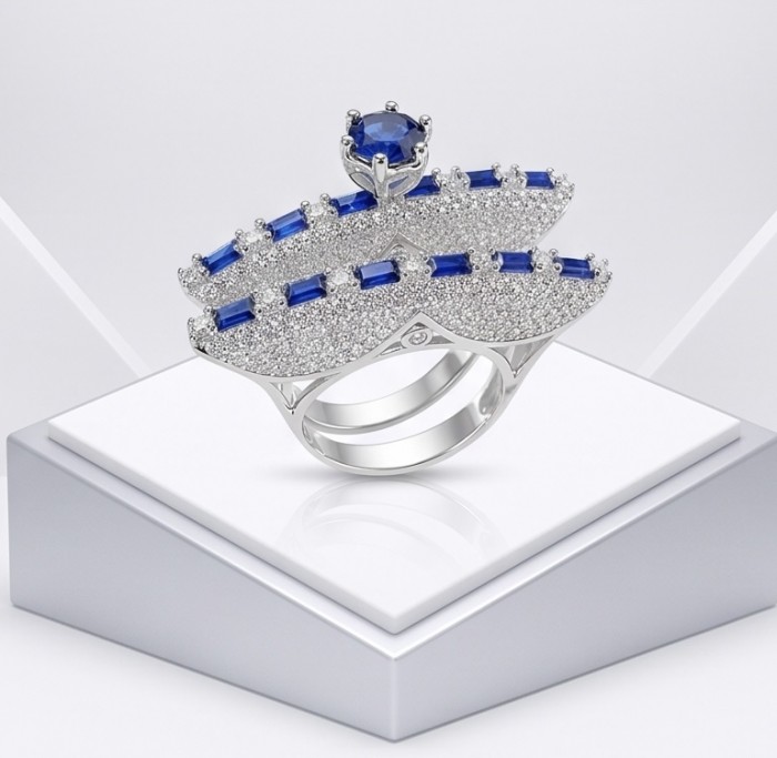 Extravaganza Large 8.6 carat Sapphire .925 Sterling Silver brilliantly handcrafted stack up ring s. 6 - Top view of large sapphire ring in sterling silver on display stand