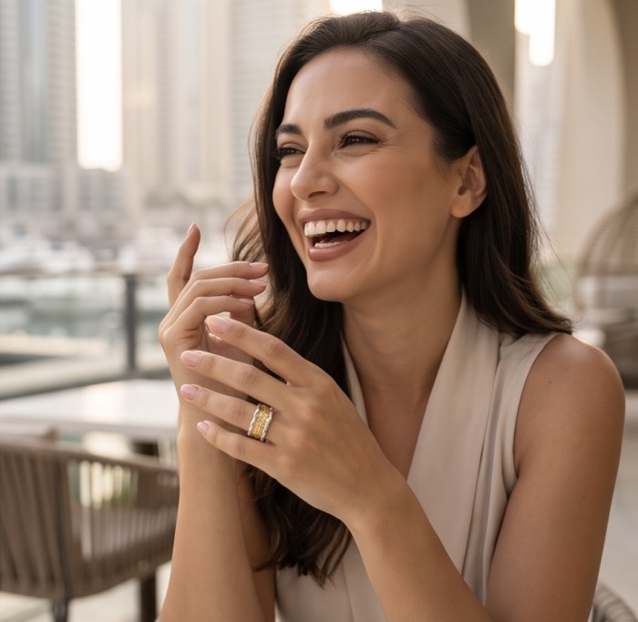 GOLDEN ROSE - Dubai Style - .925 Sterling Silver dipped in 22K Gold handmade ring size 8 - Woman wearing GOLDEN ROSE ring, close-up of hand and jewelry.