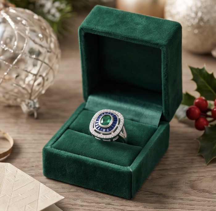 Art Deco 8.6 ctw Colombian Emerald Rhodium plated .925 Sterling Silver handcrafted Statement Ring size 9 - Art Deco Colombian Emerald ring in green box, top view.