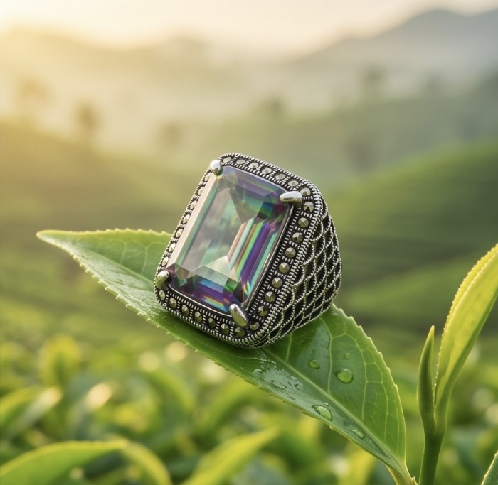 Big Dreamer Massive 25.8 carat Mystic Topaz .925 Sterling Silver handcrafted Large ring size 6 3/4 - Mystic Topaz ring on leaf, stone close-up, with morning light.