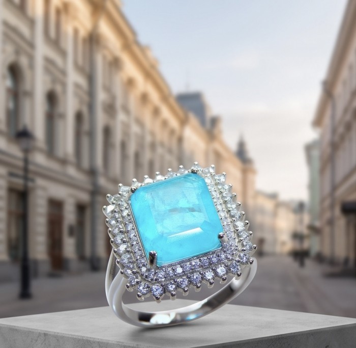 Wonderland 9.5 carat Brazilian Paraiba Tourmaline rhodium over .925 Sterling Silver Handcrafted Ring size 8 - Close-up of Wonderland 9.5 carat Paraiba Tourmaline ring on display