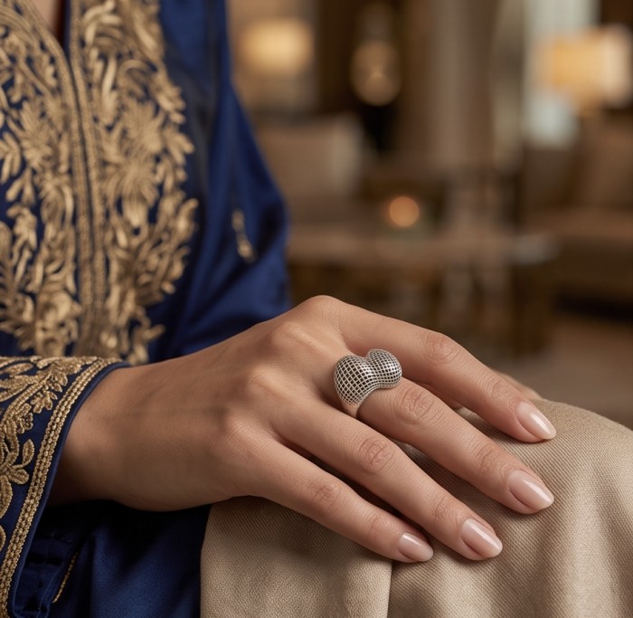 Melody .925 Sterling Silver handmade ring s. 8 1/4 - Sterling silver ring, worn on hand, in embroidered fabric background.